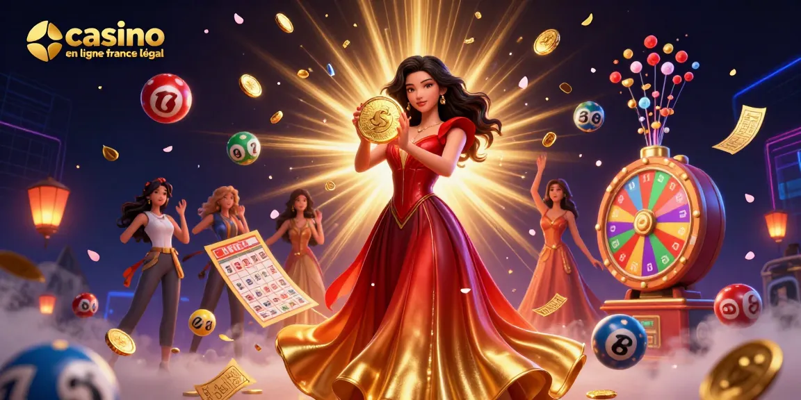 Découvrez l'excitation du casino en ligne France légal avec une illustration époustouflante d'une femme tenant une pièce d'or au milieu d'éléments de jeu vibrants.