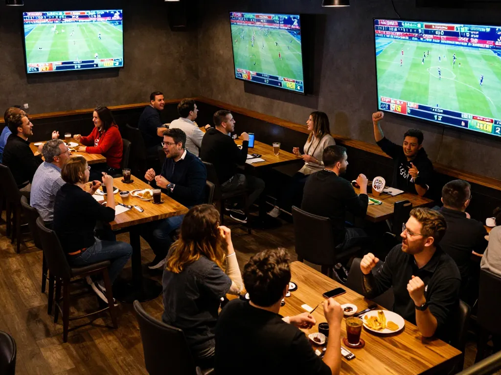 Sports enthusiasts engaging with a betting app at keonhacaii88 during a live event.