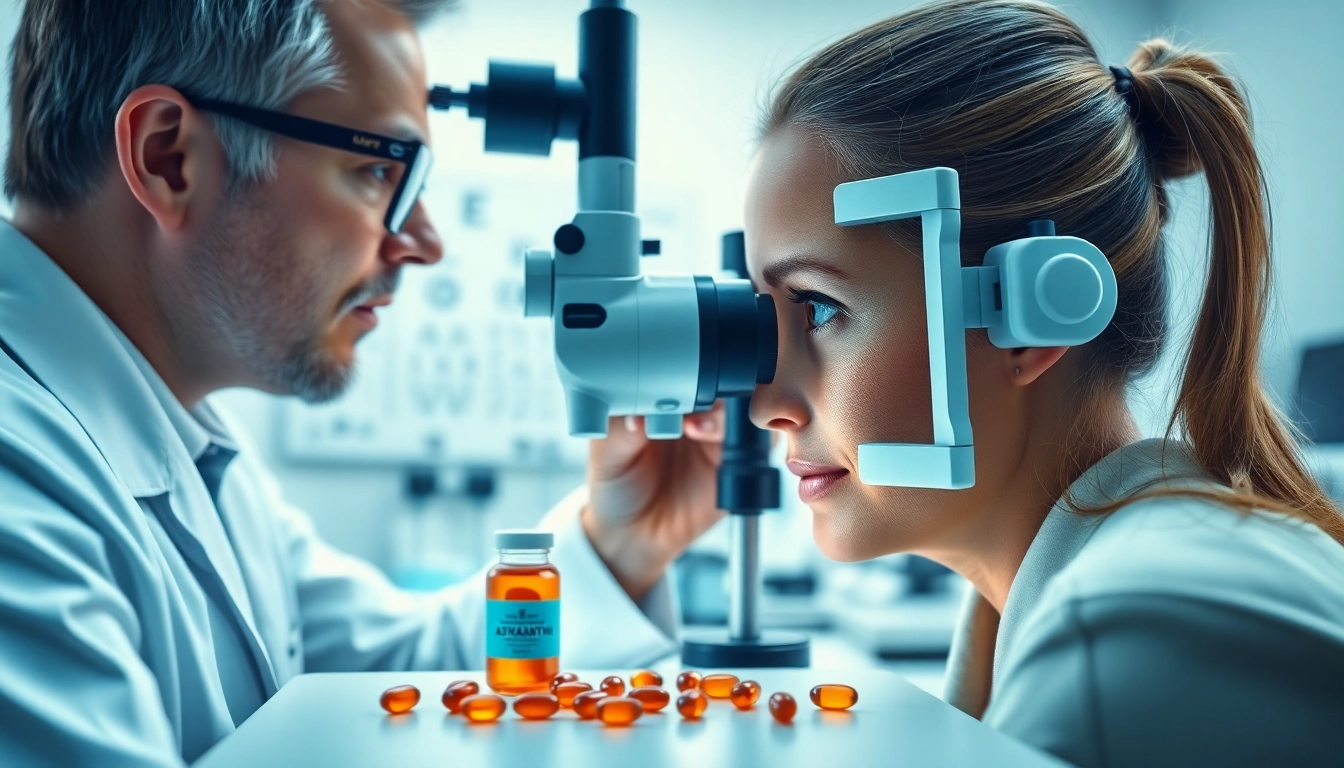 Astaxanthin for eye health: Optometrist examining patient in a clinical setting with astaxanthin capsules.