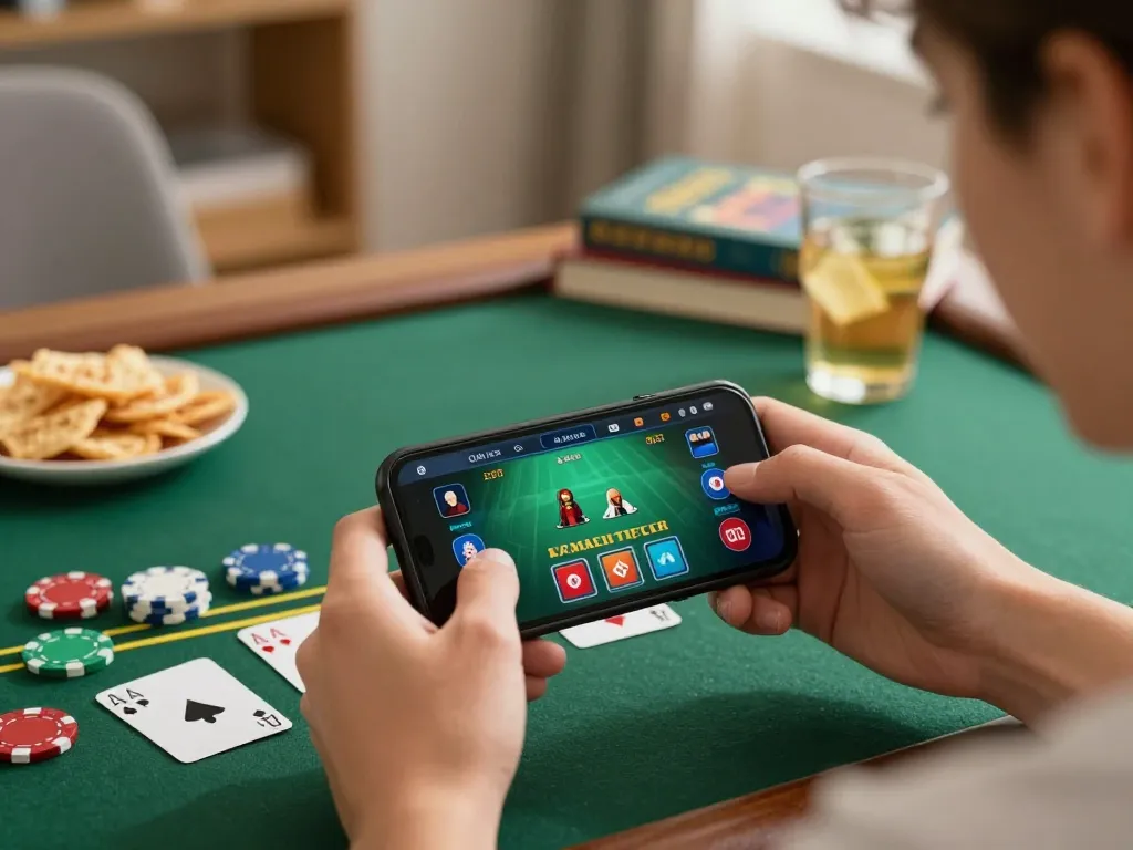 Player enjoying virtual blackjack on BK8 mobile app in a cozy home setting