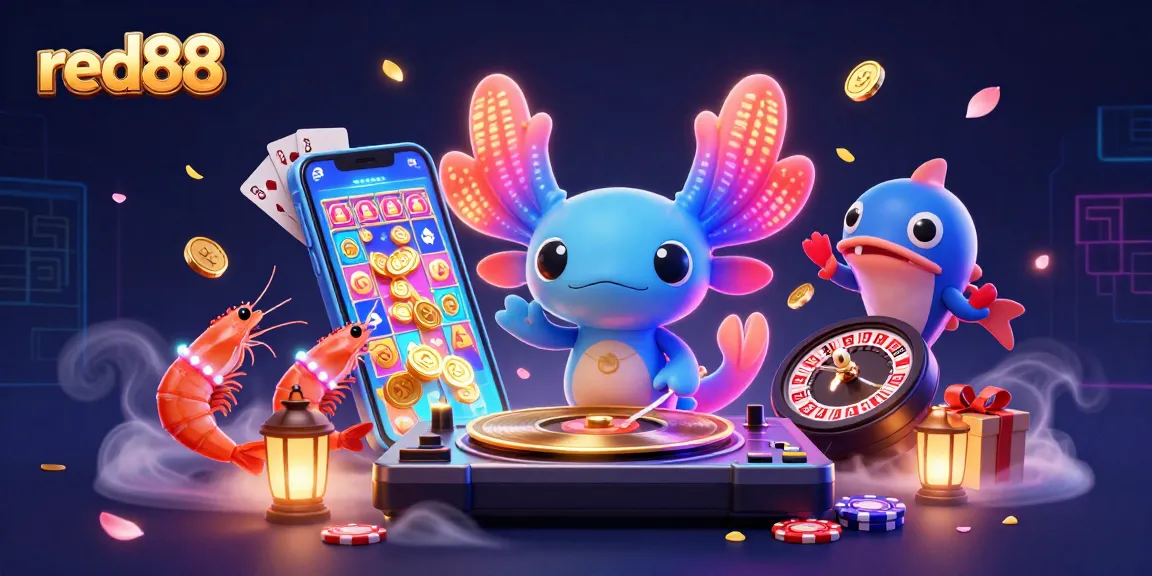 Experience red88's vibrant games with a neon axolotl DJ leading the party underwater.