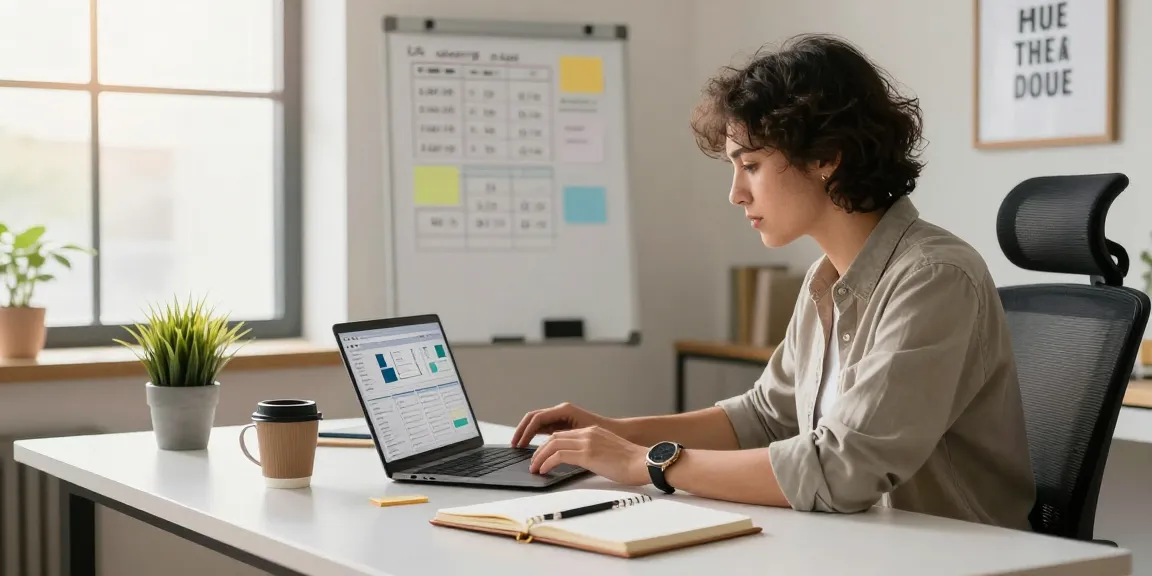 Self-employed contractor focused on work in a modern home office, showcasing productivity and organization.
