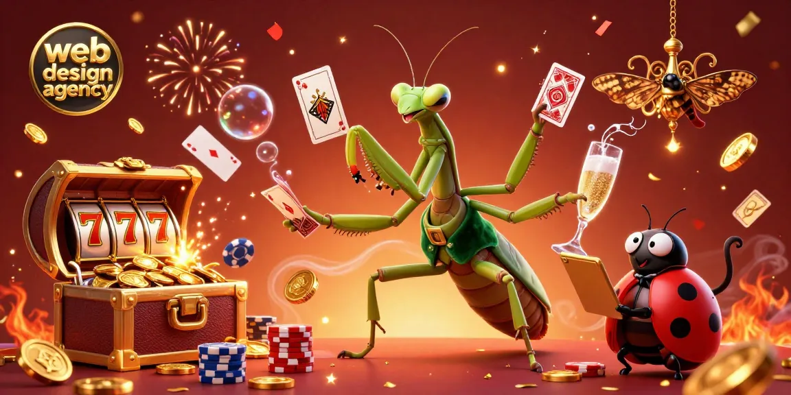 Engaging illustration of a web design agency featuring a giant mantis card sharp and ladybug pit boss in a casino theme.