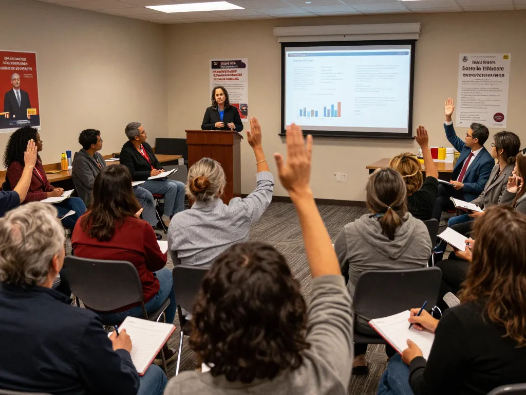 Civilians facing serious political discussions at a town hall meeting, highlighting active civic engagement and community concerns.