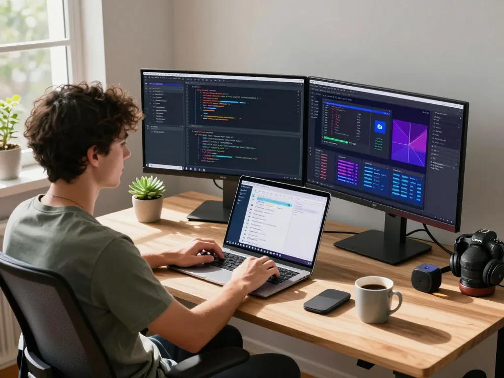 Developer using Clawdbot AI on multiple monitors in a modern home office