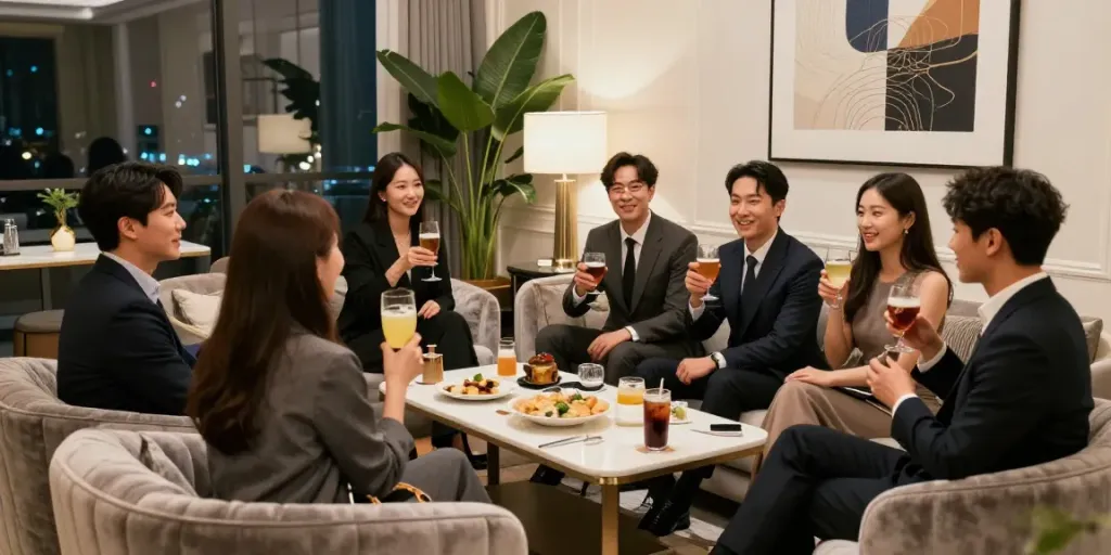 강남 구구단에서 친구들과 함께하는 사교 모임의 우아한 모습.