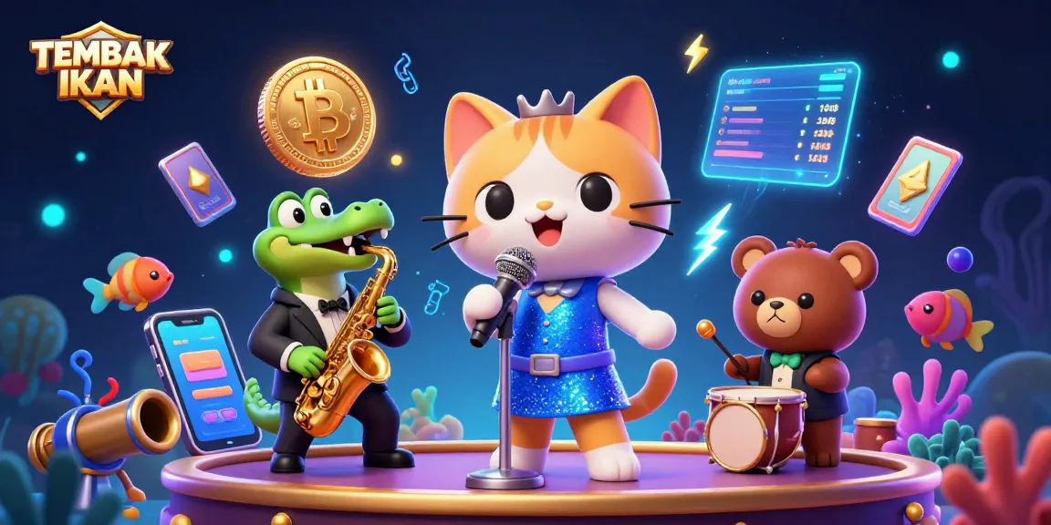 TEMBAK IKAN game scene with cartoon characters engaging in underwater fishing action, featuring vibrant elements and dynamic gambling themes.