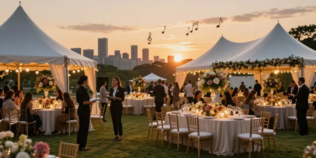 Event rentals setup at sunset showcasing elegant tents and decorations.