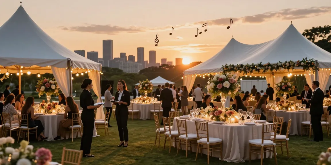 Event rentals setup at sunset showcasing elegant tents and decorations.