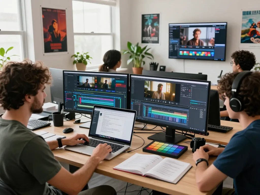 Collaboration in a video to prompt workspace, showcasing creators analyzing and generating AI video prompts in a dynamic environment.