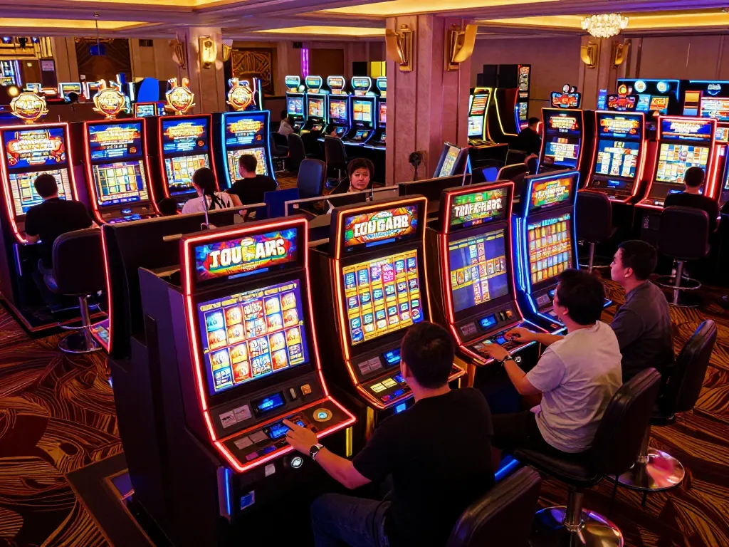 Players enjoying the excitement of situs gacor slot machines in a vibrant casino, colorful displays lighting the scene.