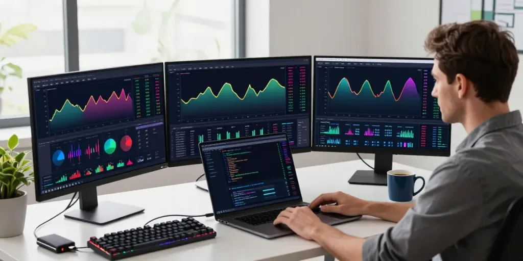 Dynamic trading environment showcasing a financial market data provider analyzing Bitcoin and Ethereum trends with advanced tools in a modern office.