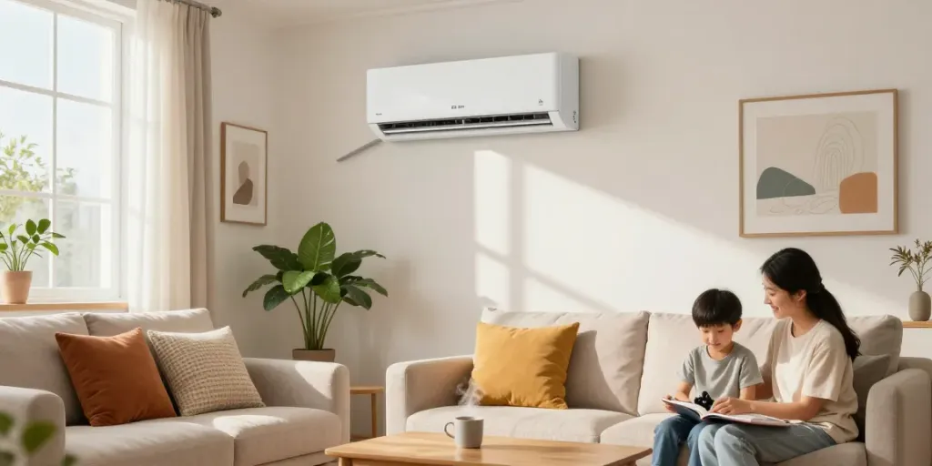 Cozy living room with 18k BTU mini split air conditioner and stylish decor