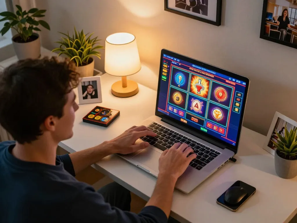 Experience situs slot gacor while enjoying an immersive home online gaming session with vibrant slot graphics.
