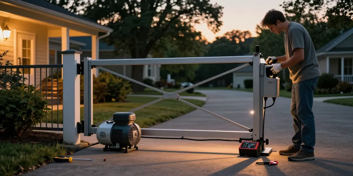 Mighty mule gate opener not working during troubleshooting session outdoors with tools, manual, and residential gate.