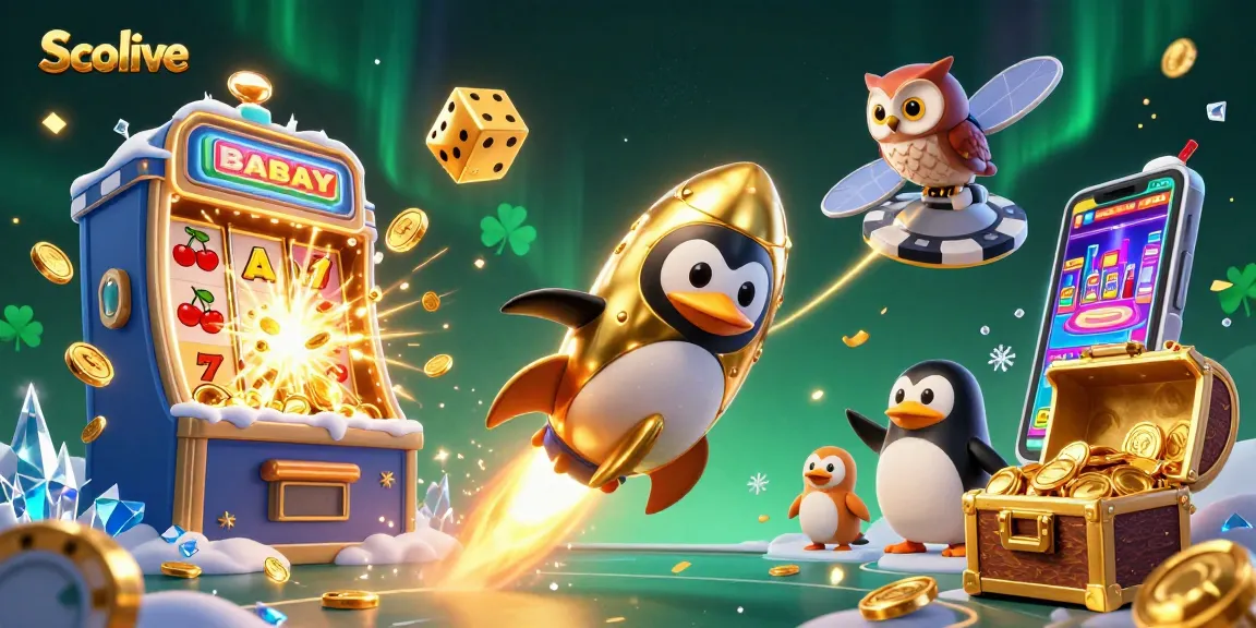 Socolive penguin launches into a jackpot explosion of coins and casino symbols while emphasizing live sports betting excitement.