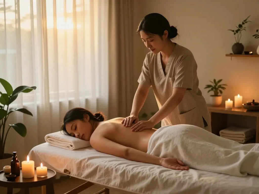 Enjoying a relaxing 출장안마 session in a calming home spa environment with professional therapist.
