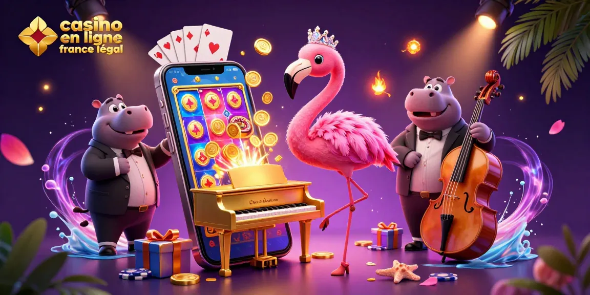 Illustration engageante de casino en ligne france légal avec un chanteur flamant rose et un bassiste hippopotame au milieu d'éléments de jeu vibrants.