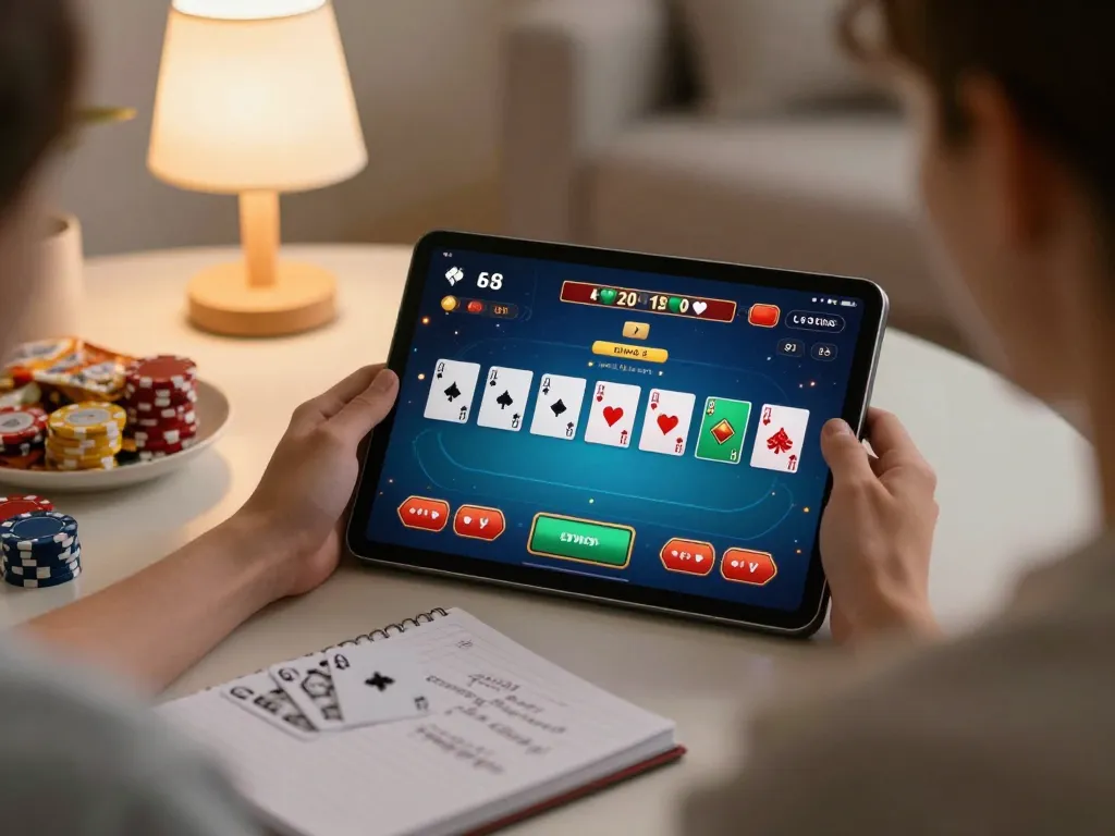 Aksi poker online yang mendebarkan di rumah dengan antarmuka permainan dewi88 di tablet.