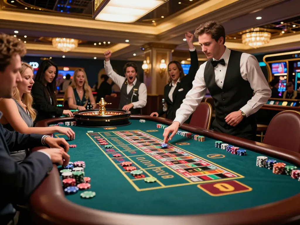 Players enjoy a thrilling roulette game at a bustling casino floor, showcasing the excitement of 8xx betting.