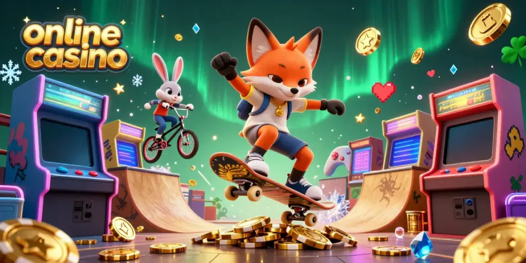 Engage in an online casino adventure with vibrant 3D fox and rabbit characters amidst glowing arcade elements.