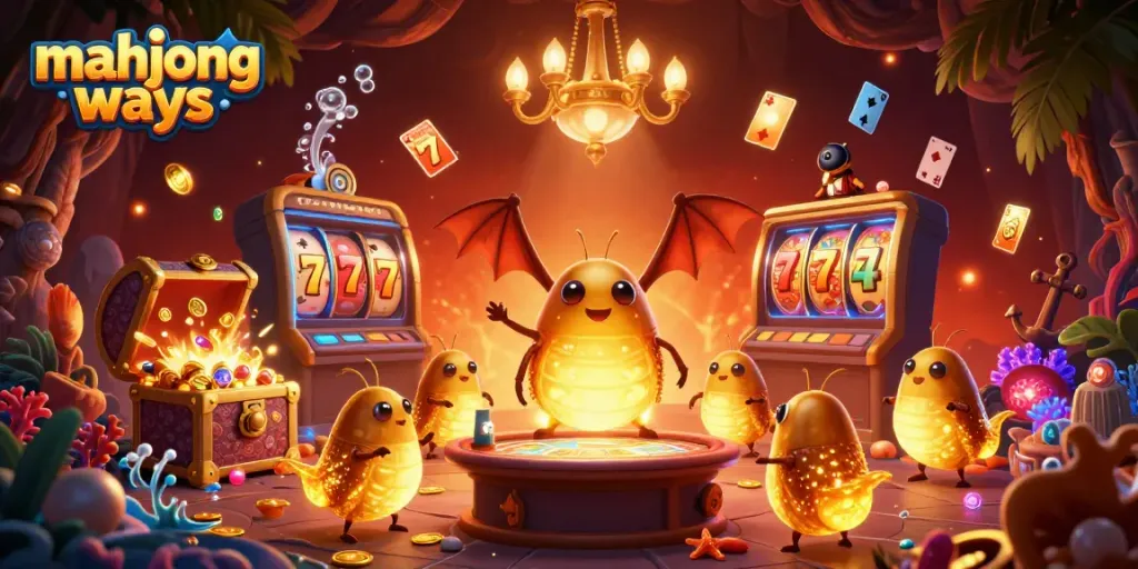 Experience mahjong ways in this vibrant casino scene with glowworms and slot elements.