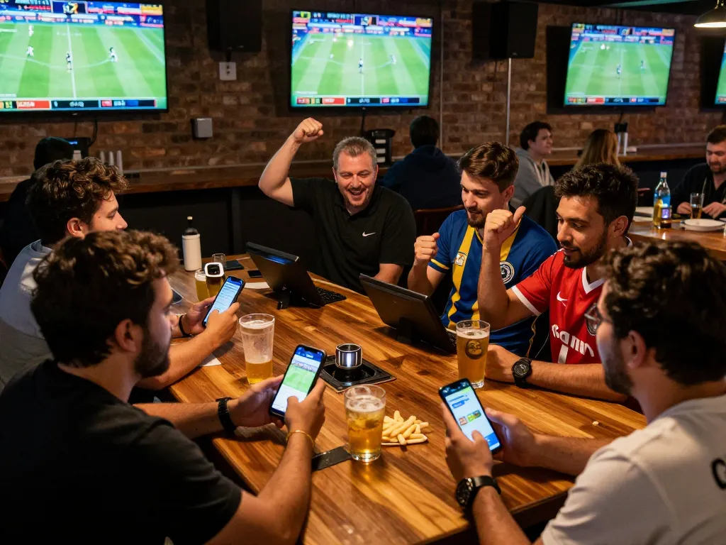 Engaged players using the Jeetbuzz app for sports betting in a lively sports bar setting.