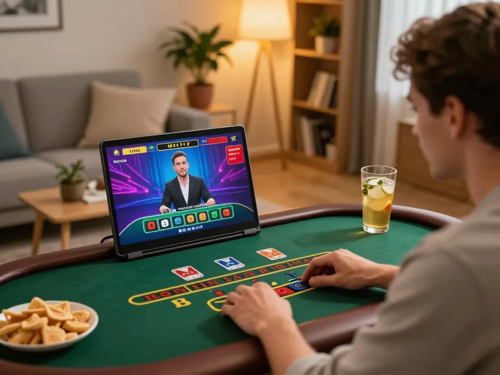 Player enjoying live dealer baccarat on nk88 platform, cozy home setup with laptop and snacks.