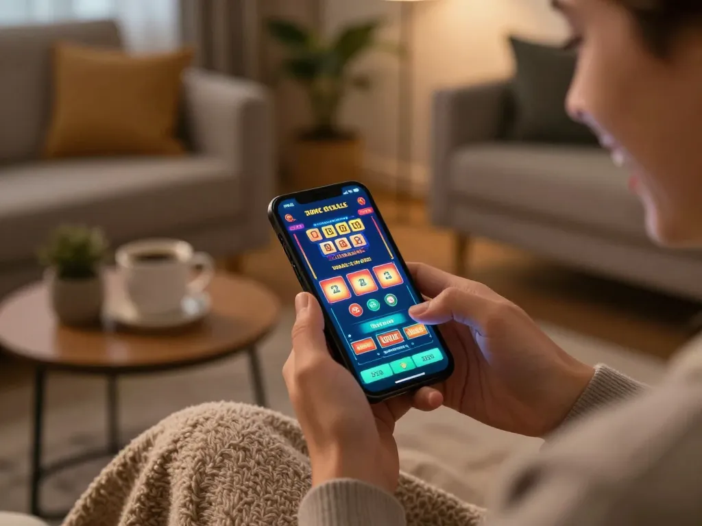 Pengguna Bintangmpo memasang taruhan pada aplikasi kasino mobile di ruang tamu yang nyaman.