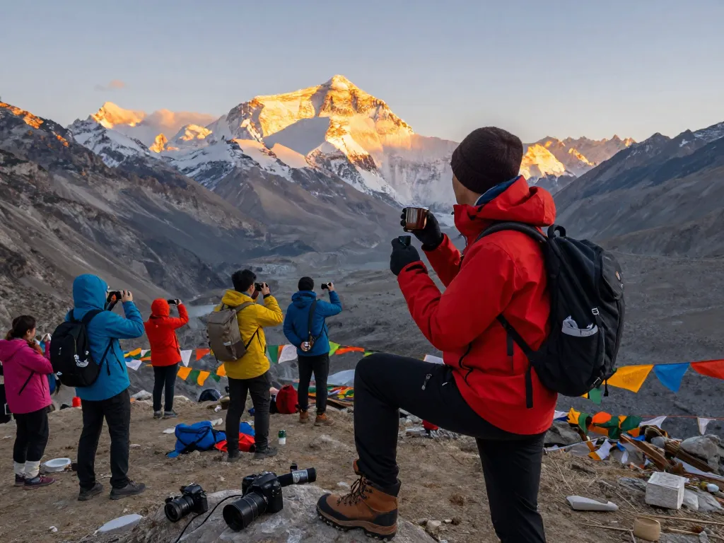 Experience the Everest Base Camp Trek with Helicopter Return, showcasing stunning mountain vistas and trekking camaraderie.