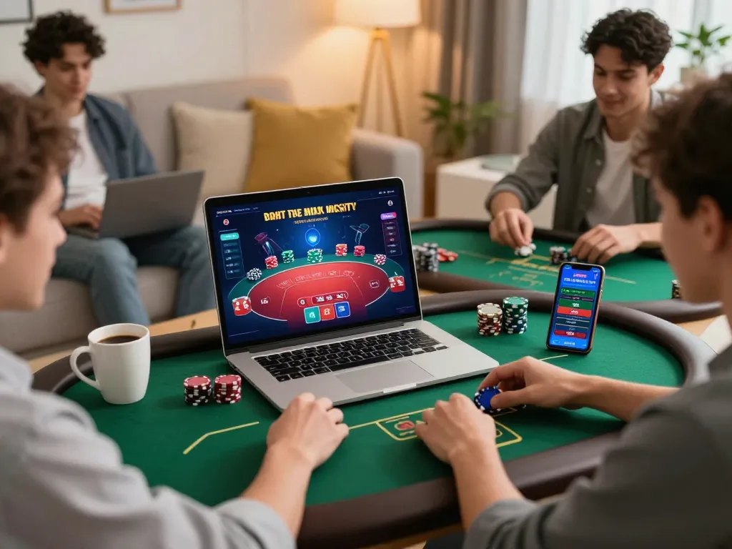 Engaging gameplay experience at a white label casino with a laptop and smartphone in a cozy home setting.
