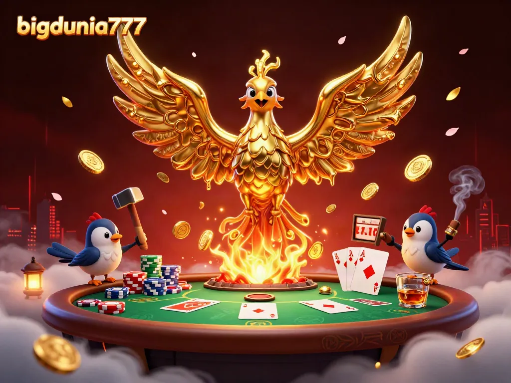 Experience bigdunia777 with vibrant casino excitement featuring a molten gold phoenix and poker elements.