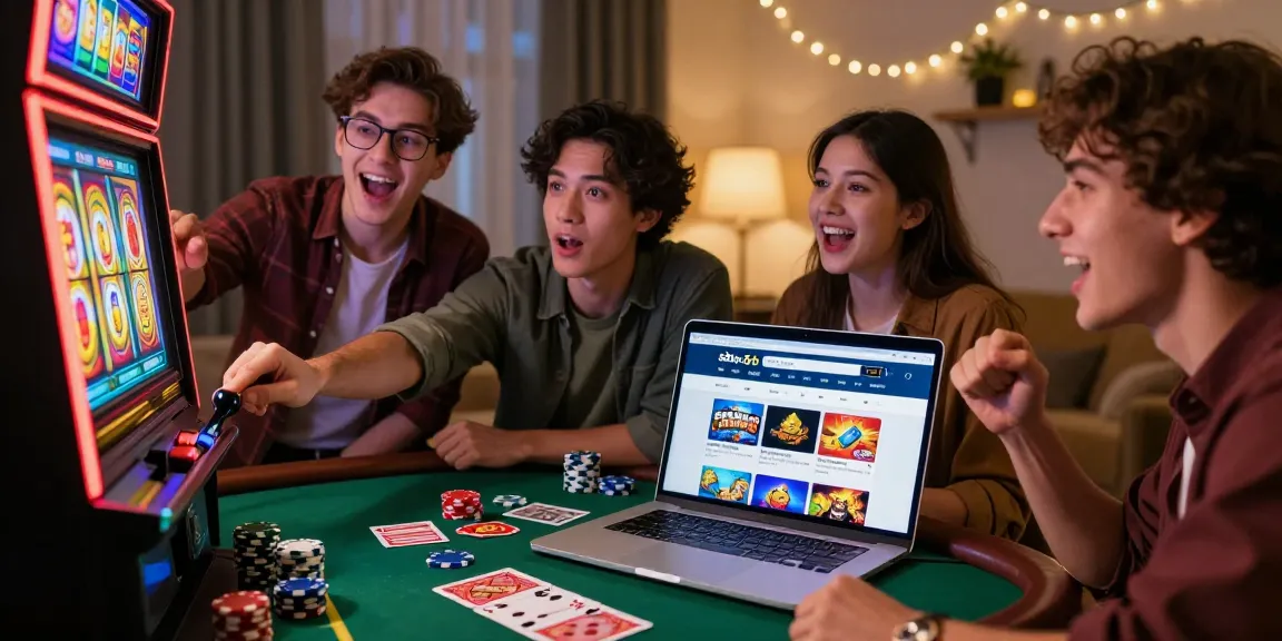 Friends enjoying a thrilling casino night at home with situs depo 5rb slot machine, poker chips, and gaming laptop.