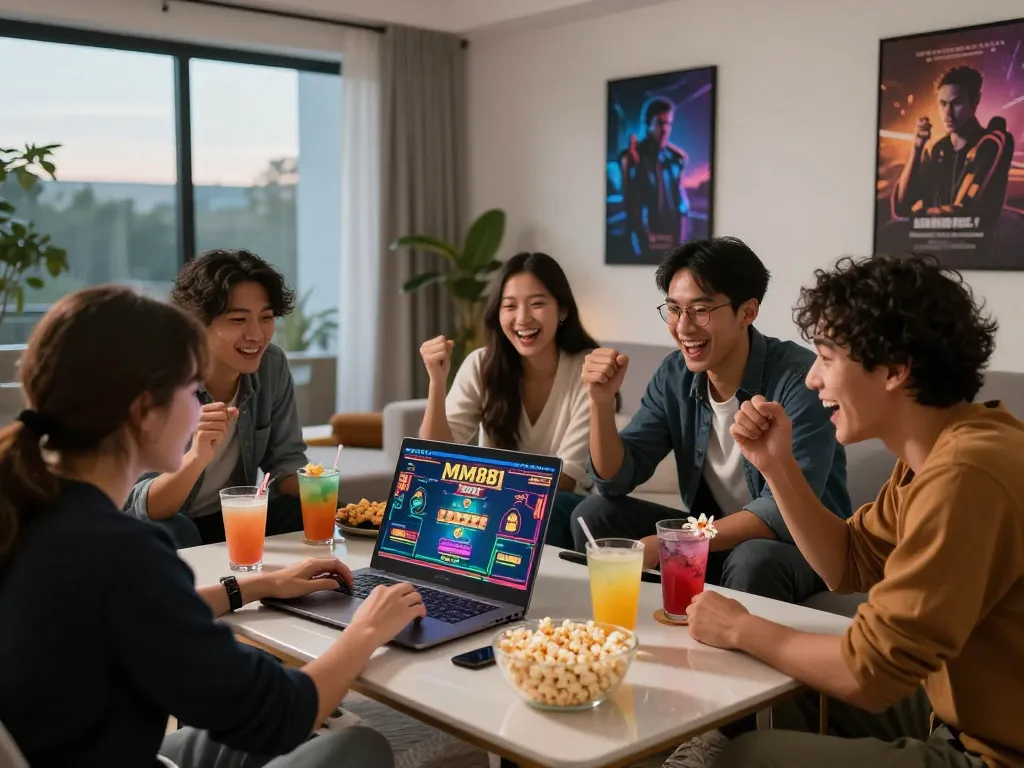 Friends enjoying MM88 online casino experience together in a lively living room.