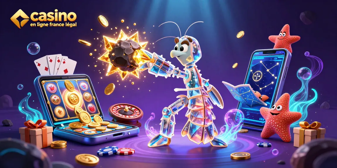 Illustration 3D d'un casino en ligne légal en France avec un personnage d'écrevisse samouraï et des jeux passionnants.