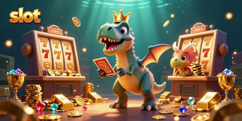 Play slots with T-Rex as a pterodactyl holds cards in a vibrant casino scene