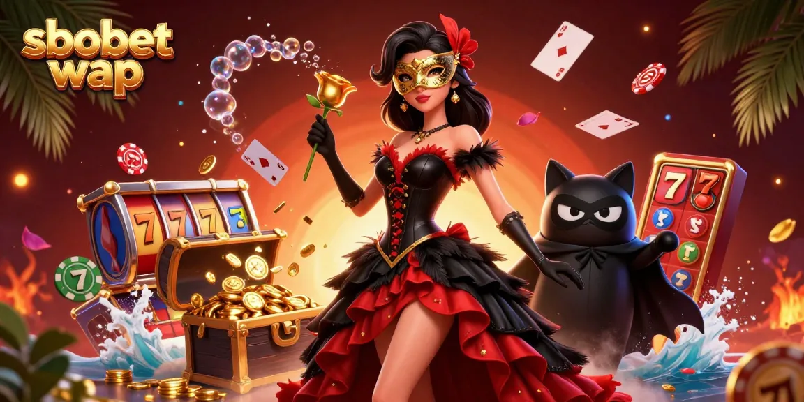 Engage with sbobet wap as you explore vibrant casino-themed visuals featuring slot machines and captivating characters.