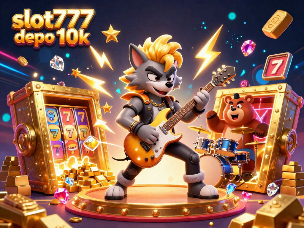 Play exciting slot777 depo 10k with vibrant casino characters and dynamic gaming elements, showcasing thrilling jackpots and treasures.