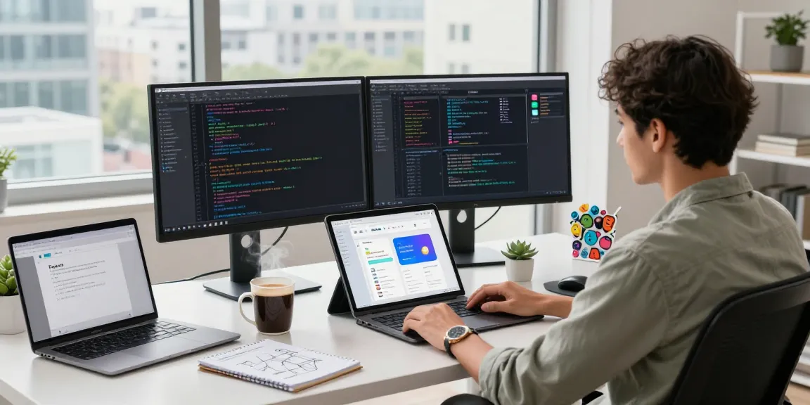 Developer coding on Android Studio with Kotlin, illustrating app architecture patterns in Android (MVI/MVP) in a modern workspace.