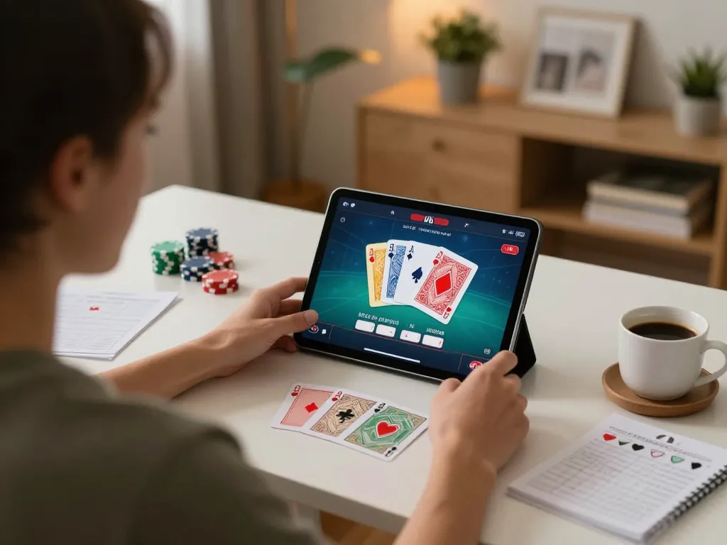 Person enjoying an exciting poker game on 888vnd platform at home, showcasing strategy notes and cozy setting.