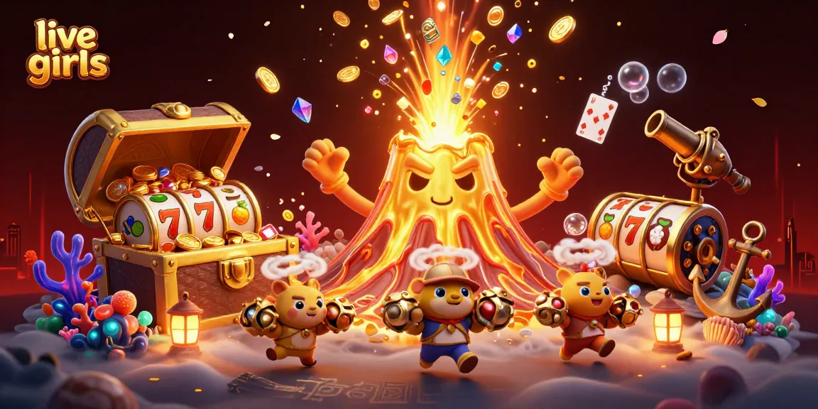 Experience live girls in action with thrilling slot reels and treasure-filled volcano in this vibrant casino scene.