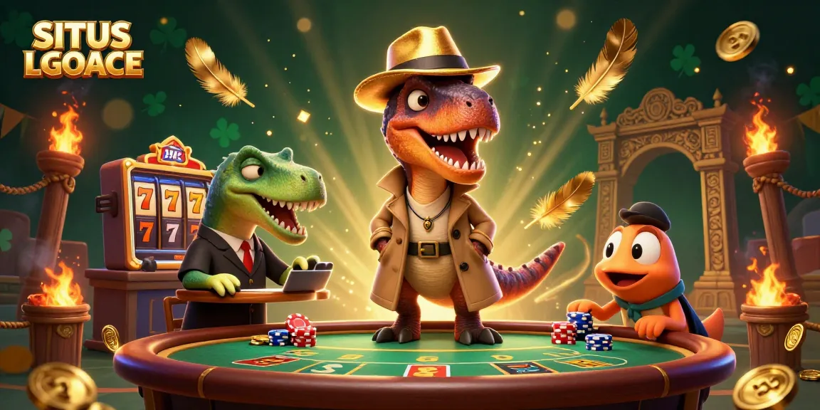 SITUS LGOACE showcases a velociraptor card counter in action amidst vibrant casino elements.