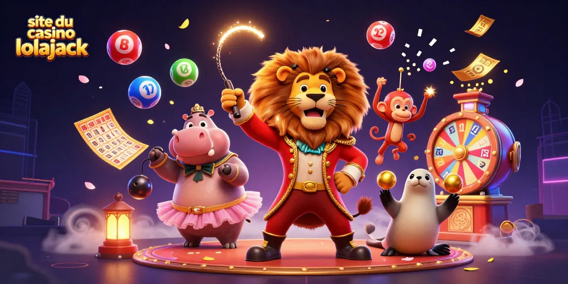 Admirez l'univers fascinant du site du casino lolajack avec des acteurs ludiques et des éléments de loterie colorés.