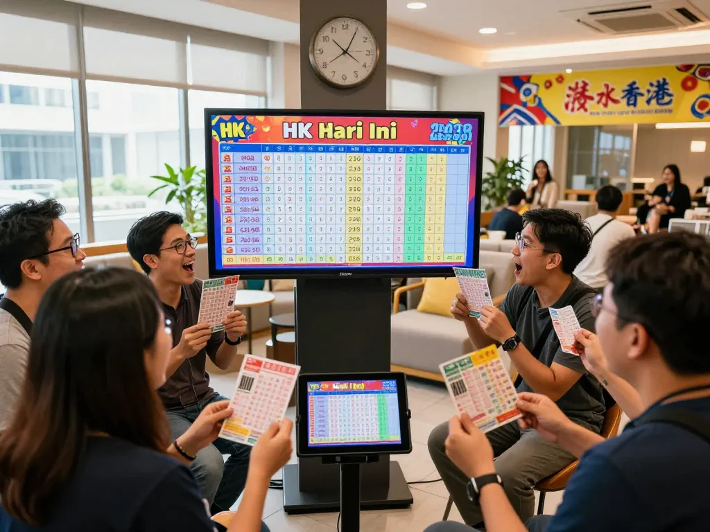 Excited players celebrating HK Hari Ini lottery results with vibrant atmosphere and colorful tickets.
