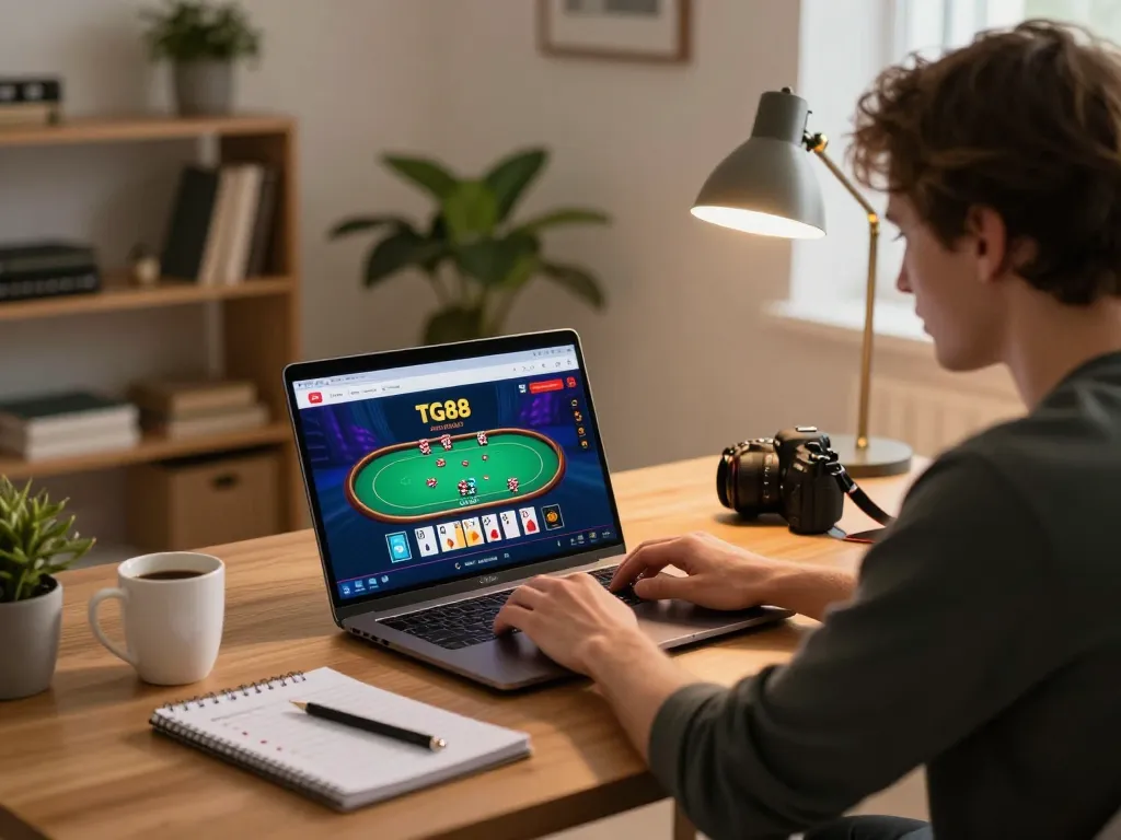 Player engaging with TG88 online poker game, showcasing responsible gaming at home.