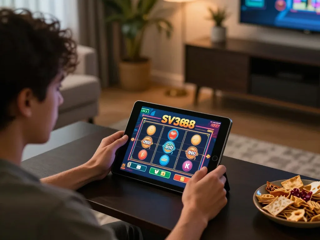 Engaging gameplay at sv368's online casino, featuring dynamic slots on a tablet in a cozy setting.