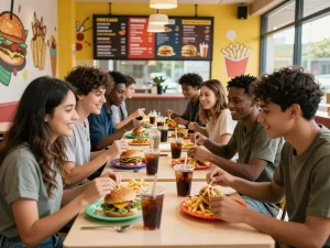 Fast food menu shared among friends at a lively restaurant table.