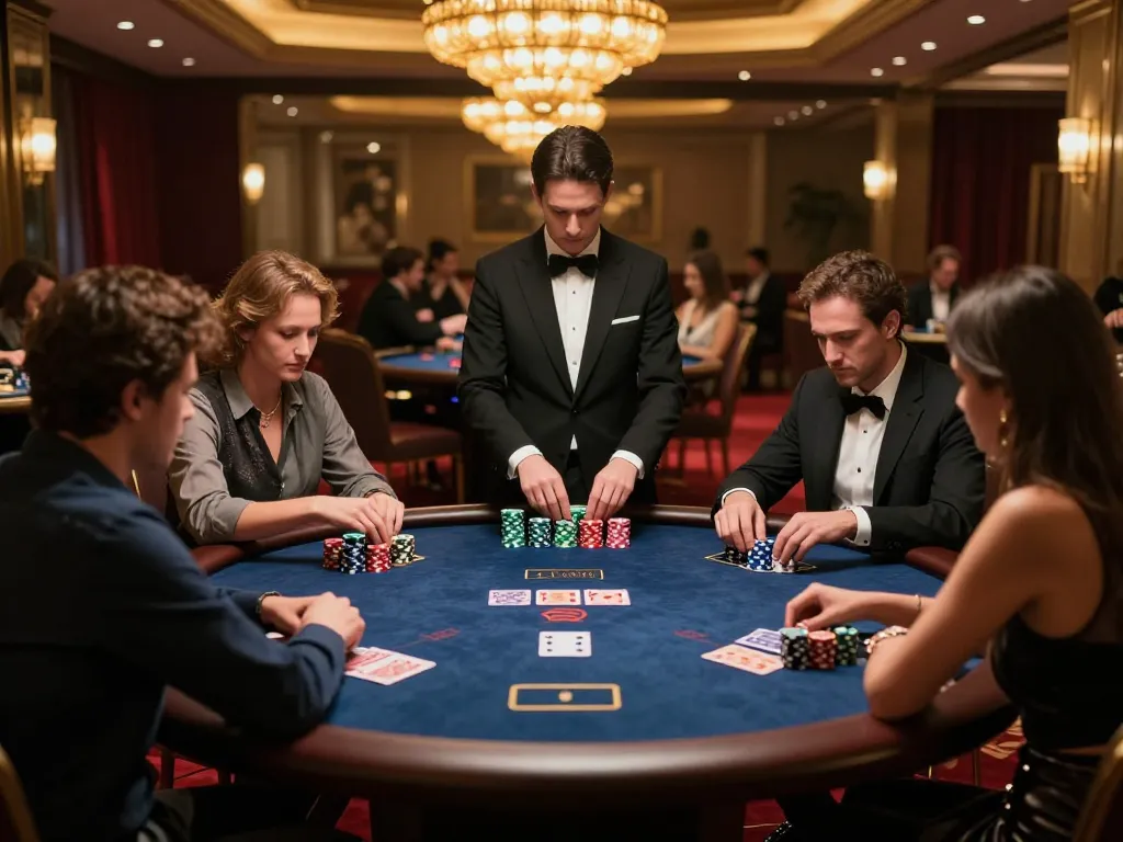 Players engaged in intense poker game at RR88co, showcasing high-stakes action in a luxurious casino.