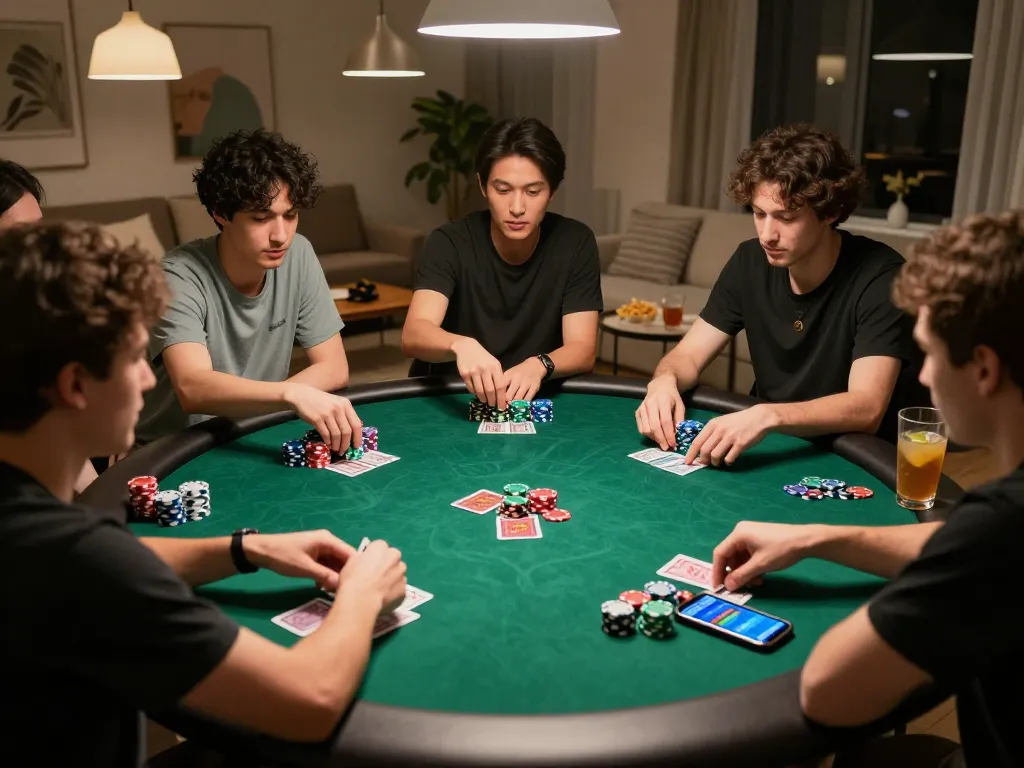 Cảnh thú vị nơi bạn bè tham gia đêm chơi poker thể hiện lối chơi chiến lược, link vào m88 không bị chặn cho trải nghiệm cá cược trực tuyến hấp dẫn
