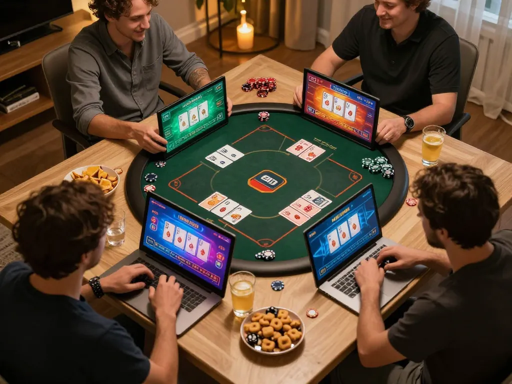 Engaging online poker session at home showcasing multiple devices for 68gamebaivn gameplay.